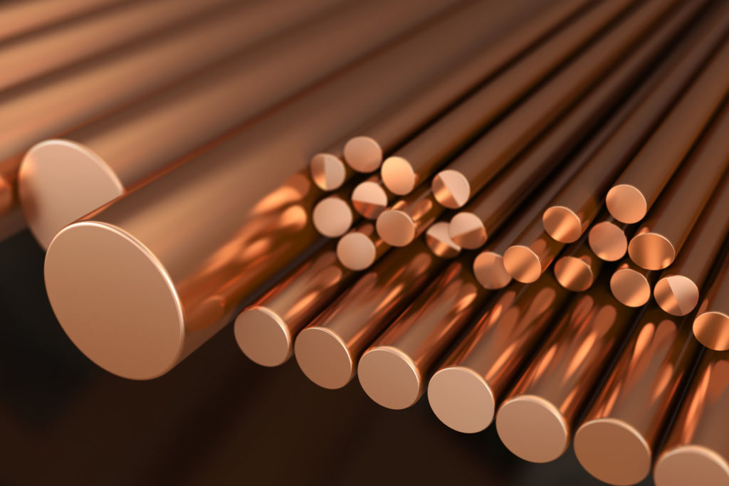 Copper metal, rods of copper