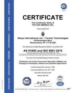 Alloys International AS9100D and ISO 9001 2021